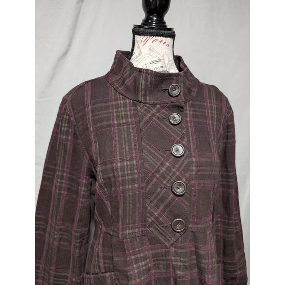 DKNY Jeans Women's Brown Purple Plaid Button Jacket Funnel Neck Fall Coat Large - Picture 2 of 14